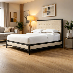 Lit en bois moderne avec tête de lit capitonnée à la main, style français contemporain, avec panneaux en bois et capitonnage en tissu, pour les détaillants de meubles - Product Image 4