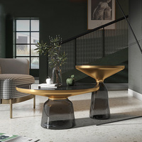 Table basse ronde dorée de salon, design nordique de luxe moderne, avec verres latéraux, 1 pièce