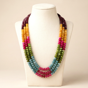 Luxury 3 Layer Multicolor Jade Gemstone Beaded Brass Link <b>Necklace</b> Gold Plated <b>Long</b> Statement Traditional Indian Bridal Fashion - Product Image 1