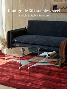 Meuble de salon moderne pour appartement, table d'appoint/bas de canapé/bout de canapé à plateau en verre et base métallique irrégulière à deux niveaux, pour hôtel et salon - Product Image 4
