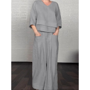 Ensemble 2 pièces pour femmes, décontracté, couleur unie, grande taille, manches trois quarts irrégulières, col en V, haut et pantalon en coton, tendance - Product Image 4