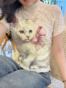 PY 2026 Sweet Elegant Style Pleated Mock Neck Cat Print <b>Top</b> Western Clothing Women Bulk Wholesale Online - Product Image 4
