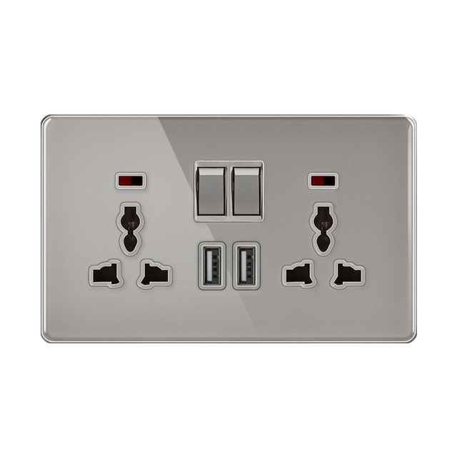 Electric Socket and Switch Customized Factory 13A 220V Push Button 2 Outlets Glass & Copper IP22 Wall Switch