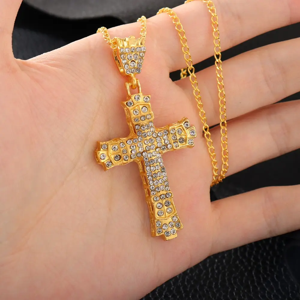 Hot Selling Luxury Alloy Punk Full Diamond Fashion Pendant Hip Hop Cross Necklace