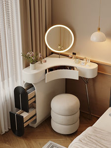 Modern Cream Style Solid Oak Wood <strong>Vanity</strong> <strong>Table</strong> with Mirror and Storage for Bedroom Small Space Wall <strong>Corner</strong> Makeup <strong>Table</strong> - Product Image 4