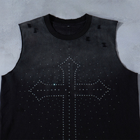 TKAN 142 haute qualité Design Vintage lavage strass gilet chemises impression graphique coton unisexe col rond T-shirt pour hommes
