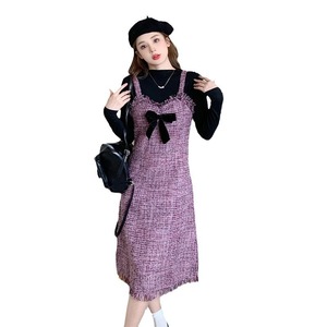 Mengmeng WP-614 Two Piece Set <b>Long</b> Sleeve Top With Bow <b>Slip</b> Dress High Neck Vintage Style Daily Wear Casual Dresses - Product Image 5