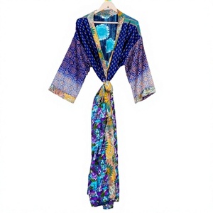Silk Sari Kimono Robe Women Floral Printed Quick Dry Full-Length 3/4 Sleeve Drawstring Closure Multi-Season Beach & Nightwear - Product Image 1