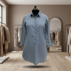 Vestido Camisero de Mezclilla con Cuello Camisero, Manga Tres Cuartos, Corte Holgado, Largo Midi, Uso Diario Informal, Dobladillo Asimétrico - Product Image 2