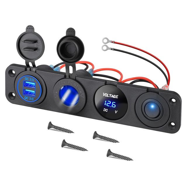 4 in 1 ON/Off Charger Socket Panel PD Type C and QC 3.0 USB Socket Power Outlet LED Voltmeter Cigarette Lighter Socket