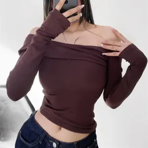 sexy women skinny line shoulder long sleeve T-shirt women 2023 winter solid color slim-fit off shoulder blouse top