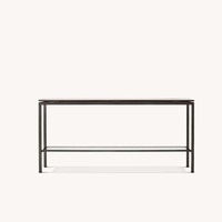 Table console scandinave haut de gamme en métal doré, deux niveaux en verre, cadre tubulaire carré fin, pieds plats pour entrée, personnalisable OEM/ODM