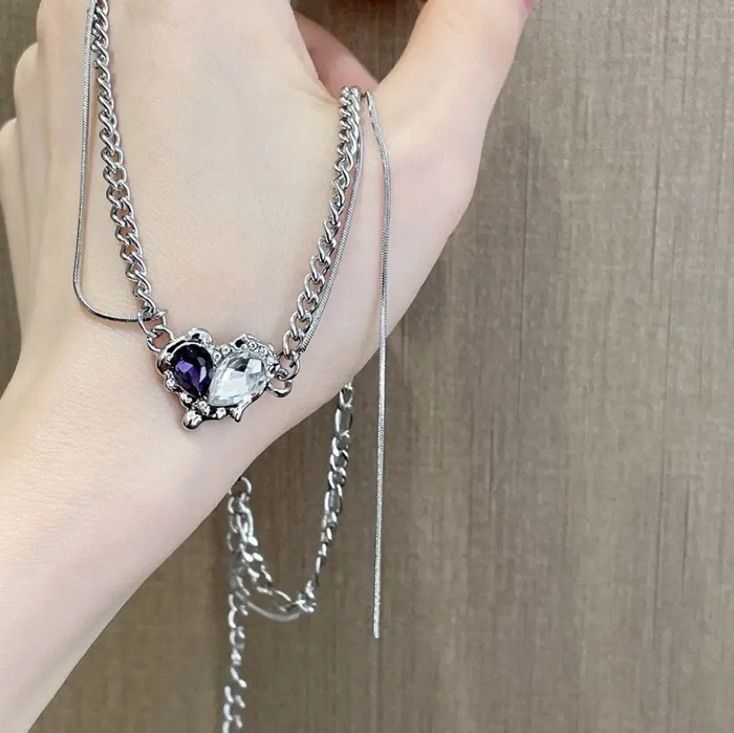 DUYIZHAO Hot Sale Fashion Necklaces Half Purple Half White Heart Shaped Zircon Double Layer Tassel Necklaces