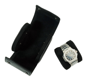 Custom Pebble Grain Genuine Leather Black + Black Interior <strong>Portable</strong> Single Slot <strong>Watch</strong> Roll <strong>Case</strong>