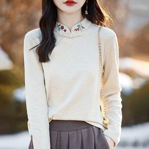 Chinese Style Embroidered Stand Collar Sweater Long Sleeve Women Autumn Winter Base Layer Top Breathable Gray White Apricot - Product Image 1