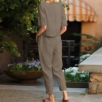 Ensemble rétro en coton et lin pour femmes, manches courtes, col rond, uni, ample, haut à manches courtes, pantalon large à taille haute, deux pièces
