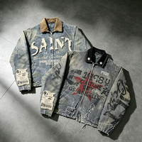 Veste en toile vintage personnalisée, col en velours côtelé, patchwork, effet usé, streetwear, veste en denim pour homme, vêtements de travail lourds