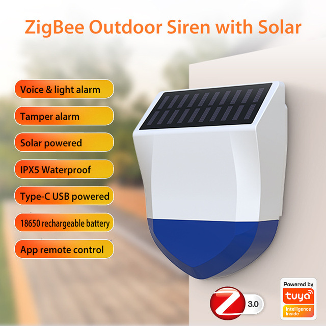 Tuya Smart WiFi Modern Outdoor Solar-Powered Security Alarm High-Decibel Sound Light Zigbee Battery Version Matter Compatibility