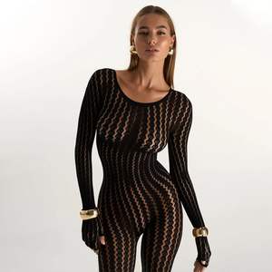 Mono de malla transparente negro para mujer, manga larga, con aberturas, sexy, ajustado, para fiesta, sin costuras, ropa de club. - Product Image 5