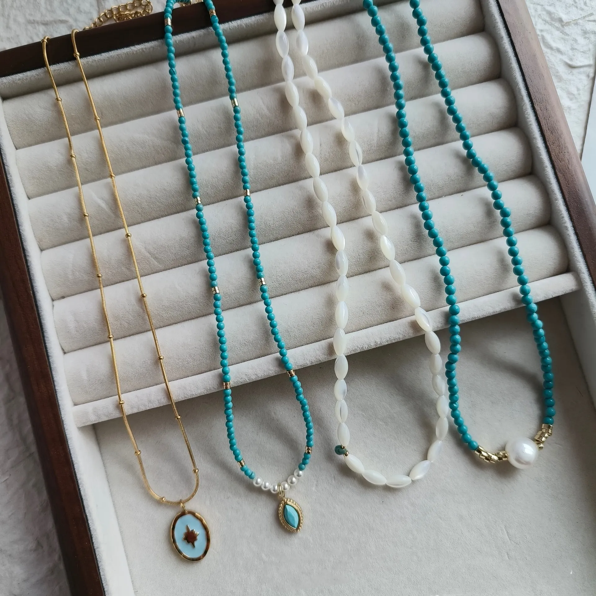 Распродажа, Женское Ожерелье из двух нитей, натуральный бирюзовый бисер с цепочкой из нержавеющей стали, модные ювелирные изделия