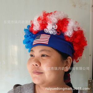 <b>Wigs</b> Football Fan <b>Wig</b> With Flag Headband Elastic Mesh Cap Kanekalon Fiber Machine Made Glueless Adult Size - Product Image 3
