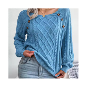 Élégant col carré boutons à manches longues pull tricoté doux extensible décontracté femmes à la mode confortable chaud pull haut - Product Image 3