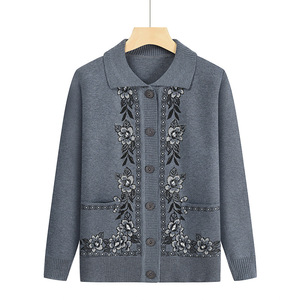 Vêtements pour femmes âgées, col à revers, motif floral d'automne, <span class=keywords><strong>pull</strong></span> pour personnes âgées, <span class=keywords><strong>pull</strong></span> pour grand-mère, manteau pour maman, cardigan en mohair tricoté pour belle-mère - Product Image 3