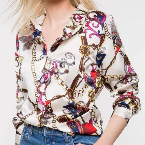 Blusa de manga larga con cuello vuelto para mujer, camisa de manga larga con estampado de cadena curva, estilo euroamericano