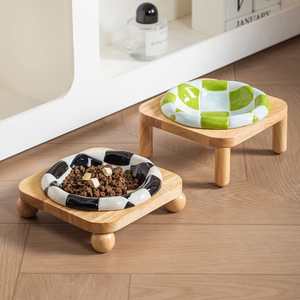 Wooden non-slip pet bowl stand, heightened to prevent splashing, solid wood neck <b>protector</b> pet bowl rack, stable and tip-<b>over</b> - Product Image 1