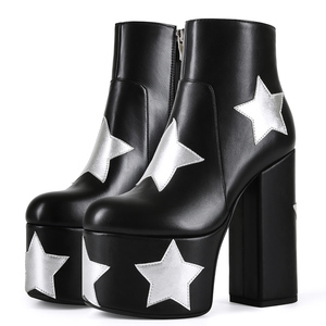 Bottines courtes à bout rond avec étoiles argentées personnalisées, plateforme épaisse, fermeture éclair latérale, talons hauts épais pour femmes, grande taille 47, bottines à la cheville - Product Image 1