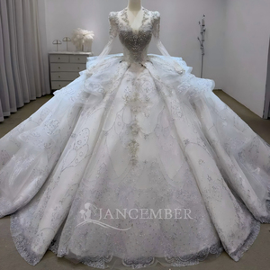 Lsjj147 Elegante Vestido de Novia Color Marfil con Mangas Transparentes, Cuerpo con Cuentas de Cristal, Apliques de Encaje y Sobrevestido, Jancember - Product Image 1