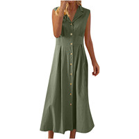 Robe midi élégante et décontractée en lin à col tailleur sans manches boutonnée pour femme – Collection été 2026