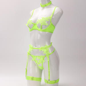 Ensemble de lingerie florale unie avec soutien-gorge ouvert, string fantaisie, sous-vêtements sexy pour <span class=keywords><strong>femme</strong></span>, kit intime sensuel, tenue respirante en tissu Dobby 3D - Product Image 6