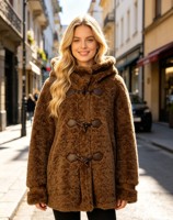 Manteau en fausse fourrure marron sur mesure avec capuche en laine, fermeture à boutons, poches passepoilées, coupe oversize, chaud, pour l'automne et l'hiver, style décontracté