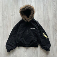 Squirorkop Veste bomber unisexe en toile épaisse à capuche, coupe carrée et courte, avec garniture en fausse fourrure, pour l'hiver, style streetwear et workwear