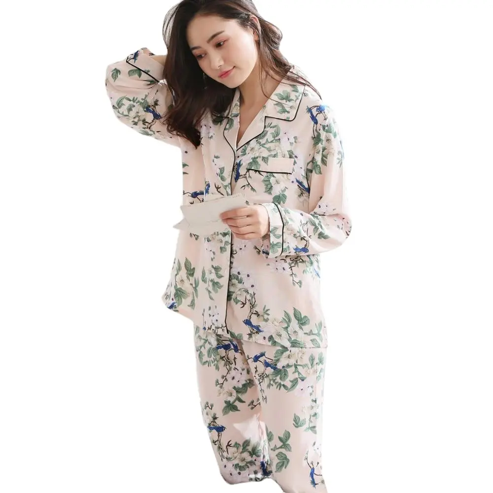 turn down collar piping designer nighty loungewear cotton women pajamas set long-sleeve pants viscose sleepwear girls pyjamas