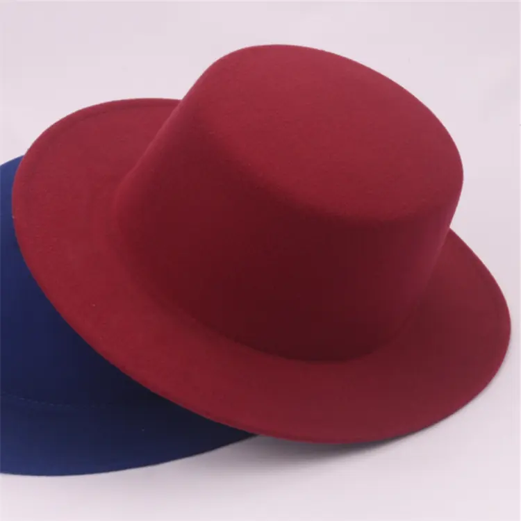 Sombreros planos de lana de imitación para mujer, Sombreros Fedora de fieltro de imitación con cinta de piel sintética