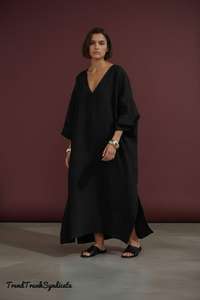 Robe Caftan Longue Décontractée Noire en Lin pour Femme, Col en V, Coupe Trapèze, Écologique, avec Ceinture, Idéale pour la Plage, les Vacances d'Été et les Tenues de Resort B2B - Product Image 4