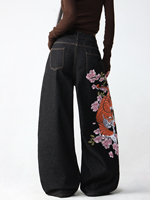 Jean baggy vintage pour femme, coupe large, noir délavé à l'acide, avec broderie 3D et motif de créateur en denim