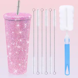 fashion rhinestone shiny double wall stainless steel vacuum insulated tumbler sippy straw cup travel coffee mug