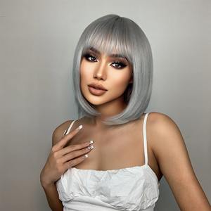 Peluca de cabello sintético liso con flequillo para mujer, <span class=keywords><strong>pelo</strong></span> <span class=keywords><strong>corto</strong></span> recto color <span class=keywords><strong>gris</strong></span> plateado, rubio <span class=keywords><strong>ceniza</strong></span>, Natural, precio al por mayor - Product Image 3