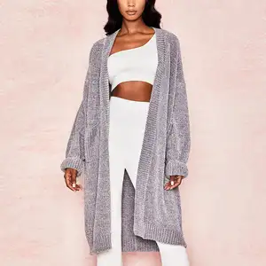 Pemasok pakaian jalanan penjualan paling laris kardigan mode mantel polos Sweater rajut