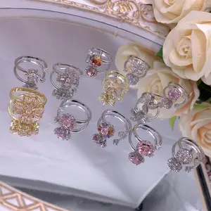 Кольцо из латуни с фианитом, вращающееся колечко с подсолнухом, снежинкой, цветком, принцессой, в Корейском стиле, с четырьмя листьями, ветряной мельницей и кубическим цирконием