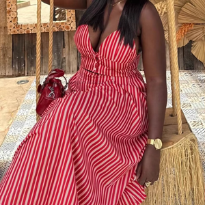 Women's <b>Sexy</b> Spaghetti Strap Top & African-Inspired Midi Skirt New Fashion Striped 2-Piece <b>Set</b> Fashion - Product Image 1