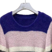 Pull en maille pour femme à col rond, à blocs de couleur et rayures, en tissu doux et moelleux effet vison, à épaules tombantes, coupe ample, décontracté et chaud pour l'automne