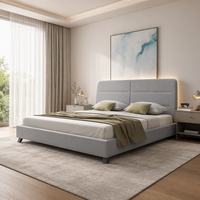 Lit plateforme moderne en lin rembourré avec tête de lit segmentée rembourrée et éclairage LED intégré, taille King, mobilier de chambre à coucher