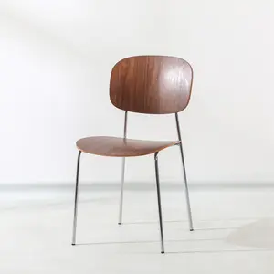 Wholesale Japandi Furniture Modern Italian Kitchen Wabi Sabi Walnut Wood Oak Veneer Chrome Metal Legs Chair for Dining Table