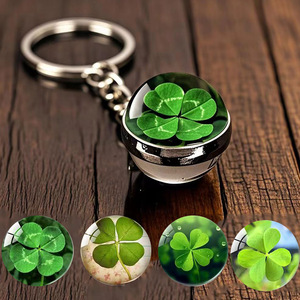 Handmade Clover Keychain Luminous Glass Crystal Ball Pendant Saint Patrick Jewelry Metal Key Chains Four Leaf Clover Keyring