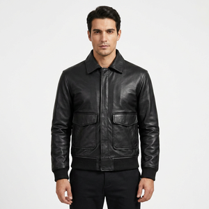 SAAR INDUSTRIES Men Black Cow Skin Leather Waterproof Breathable Windproof <b>Mandarin</b> <b>Collar</b> Vintage Bomber <b>Jacket</b> Ribbed Hem - Product Image 1