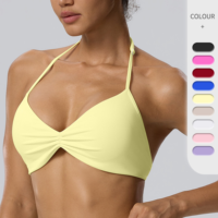 Soutien-gorge de sport pour femme, style halter à torsion frontale, avec cordon de serrage réglable, décolleté en V, haut de bikini triangle, coussinets amovibles, pour l'entraînement, le yoga et la natation, haut court